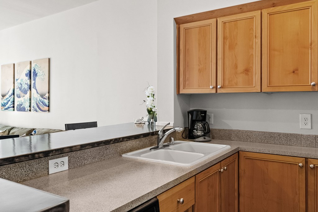 A kitchen with wooden cabinets and a sink.