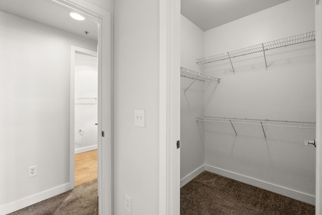 A white hallway with a brown carpet and a white door.