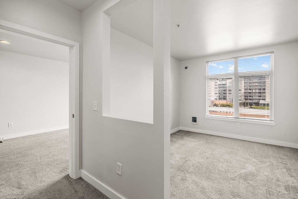 A room with a carpeted floor and a window showing a building outside.