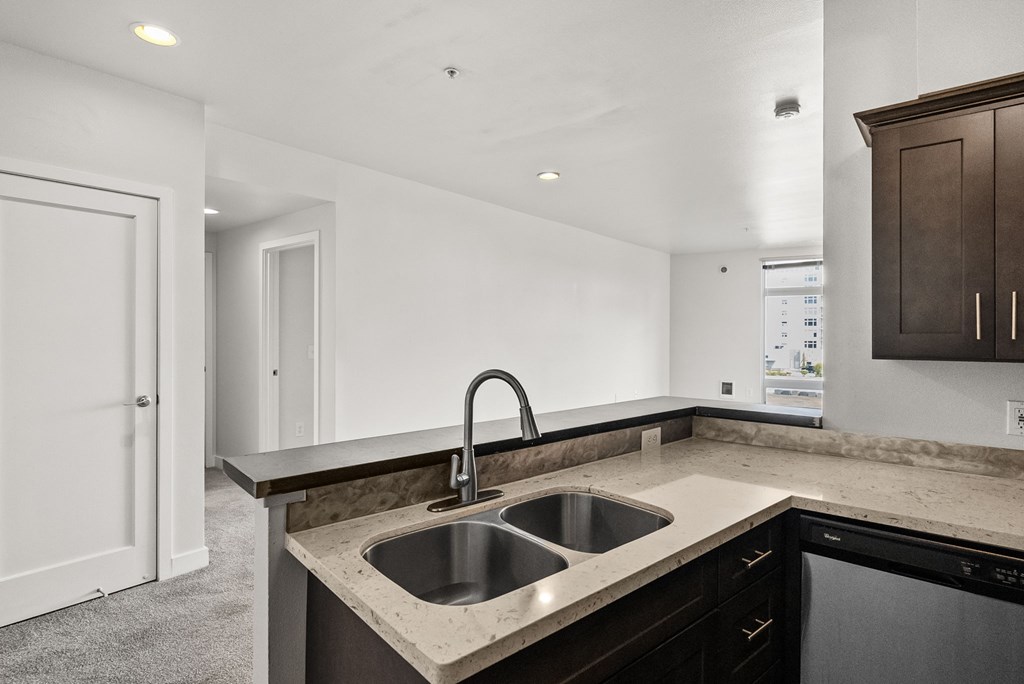 A kitchen with a sink and a dishwasher.