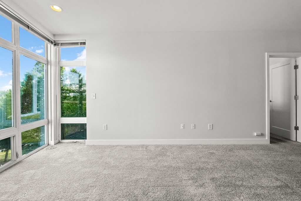 A room with a carpeted floor and a sliding glass door.