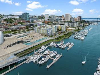 A marina with boats docked in the foreground and a city skyline in the background.