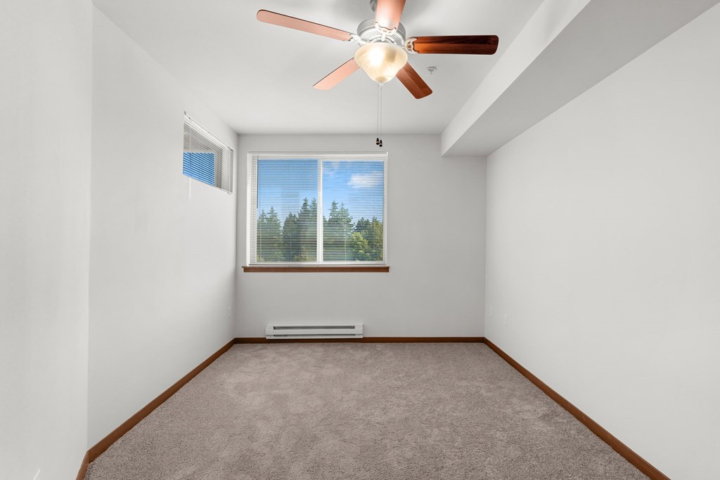A room with a ceiling fan and a window showing trees outside.