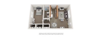 A 3D floor plan of a small apartment with a kitchen, living room, and bathroom.