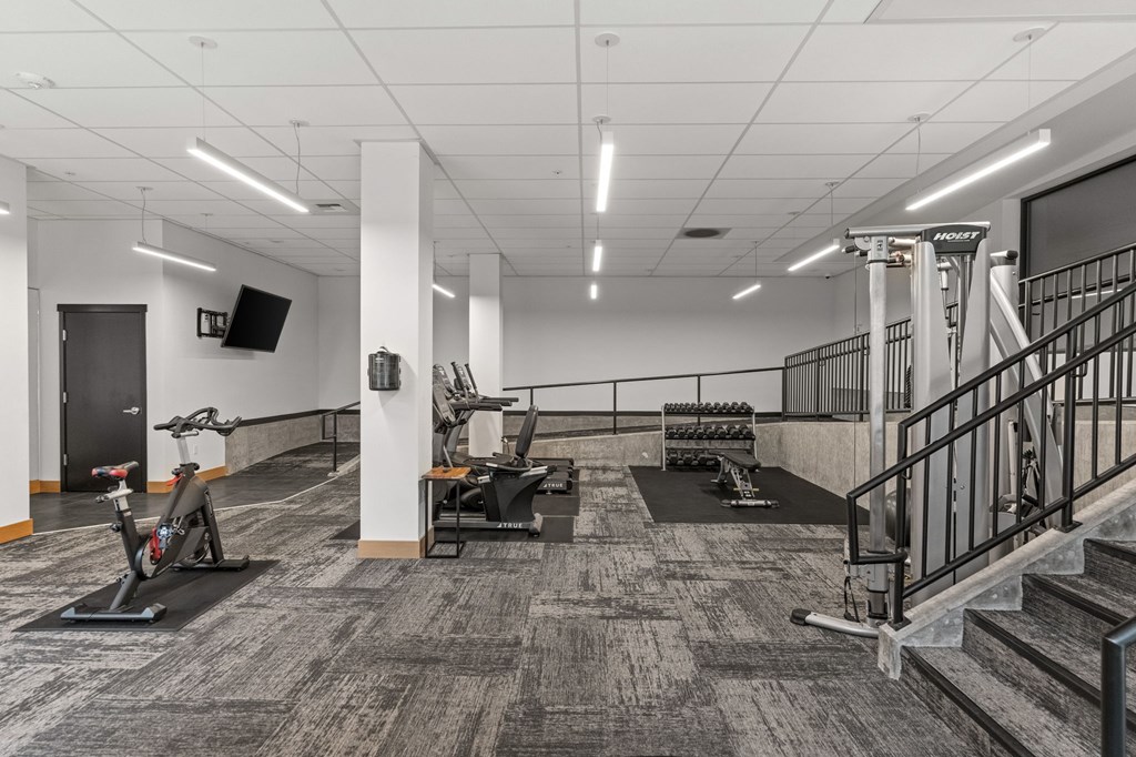 A gym with a variety of equipment including treadmills, weights, and a staircase.