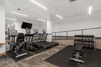 A gym with a row of treadmills, a stationary bike, and a row of dumbbells.