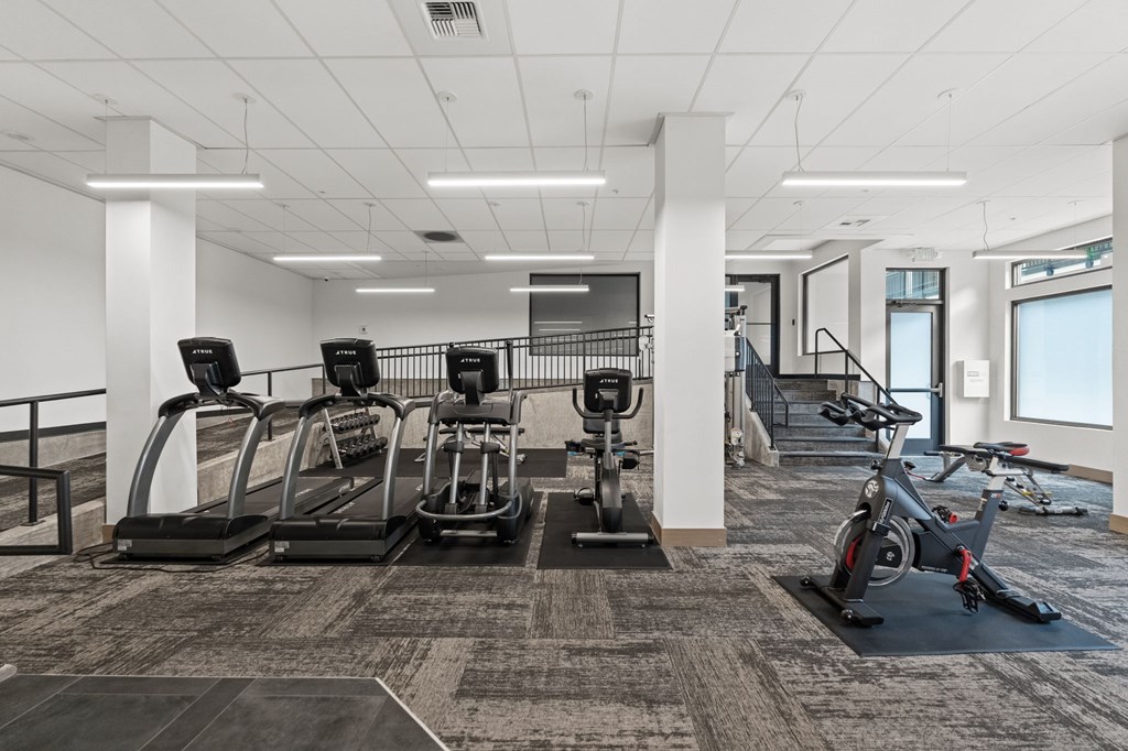 A gym with treadmills, exercise bikes, and elliptical machines.