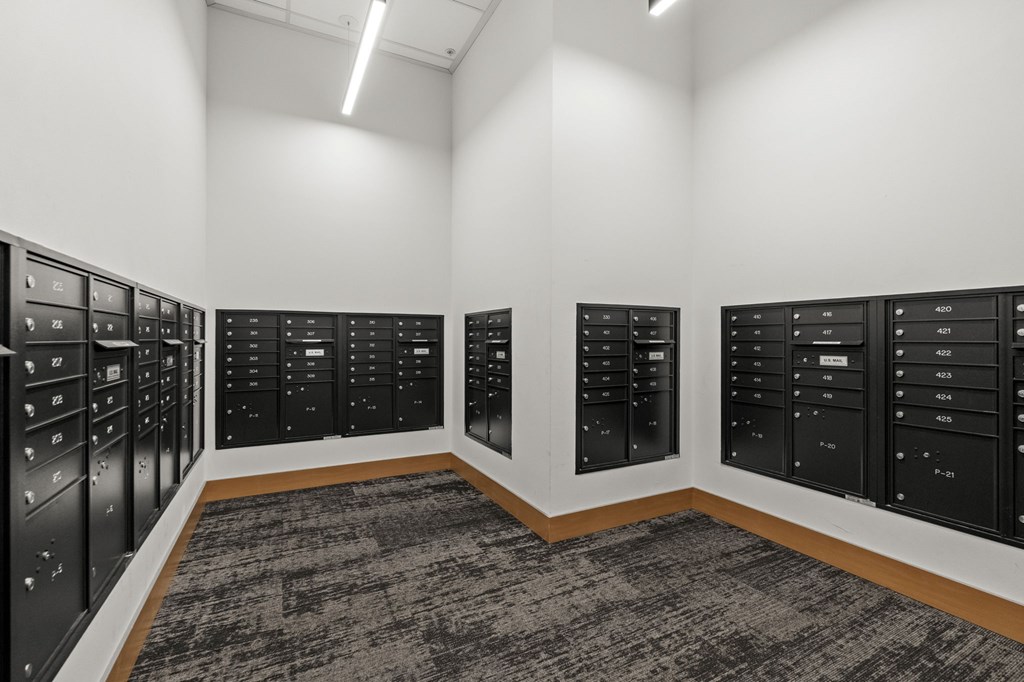 A room with a carpeted floor and a wall of lockers.