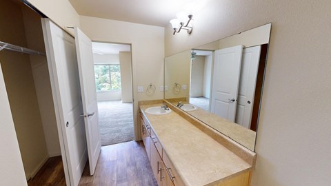 a bathroom with a sink and a mirror