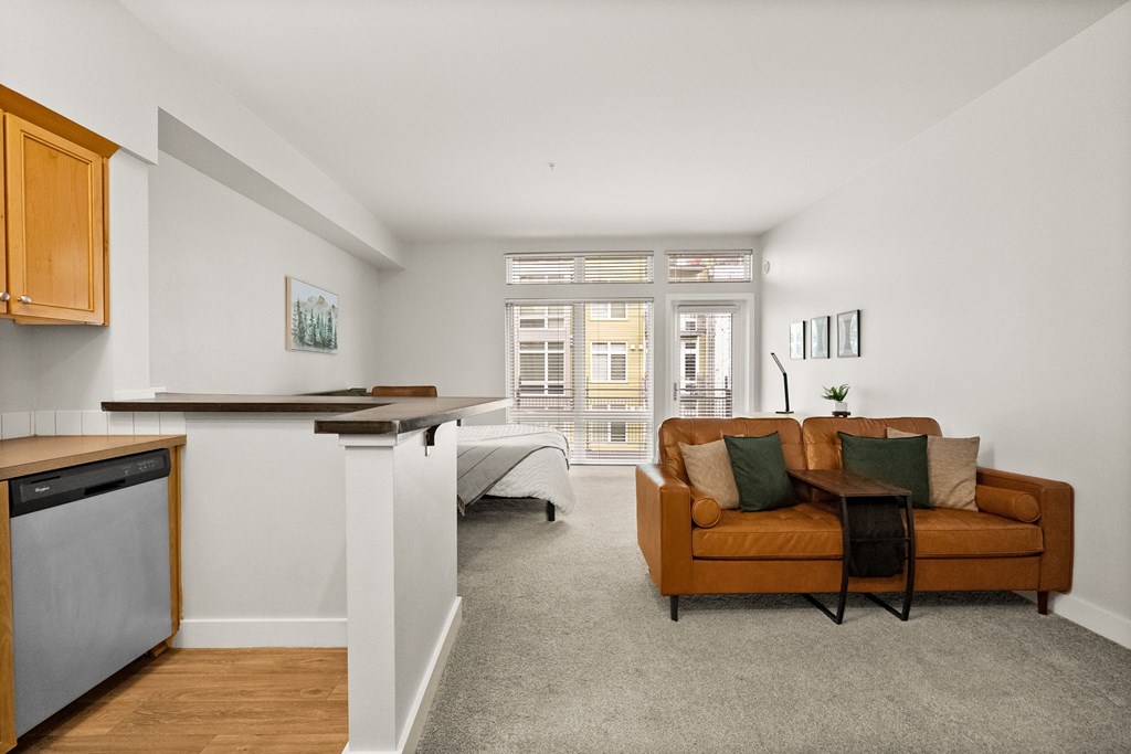 A living room with a brown couch and a grey rug.