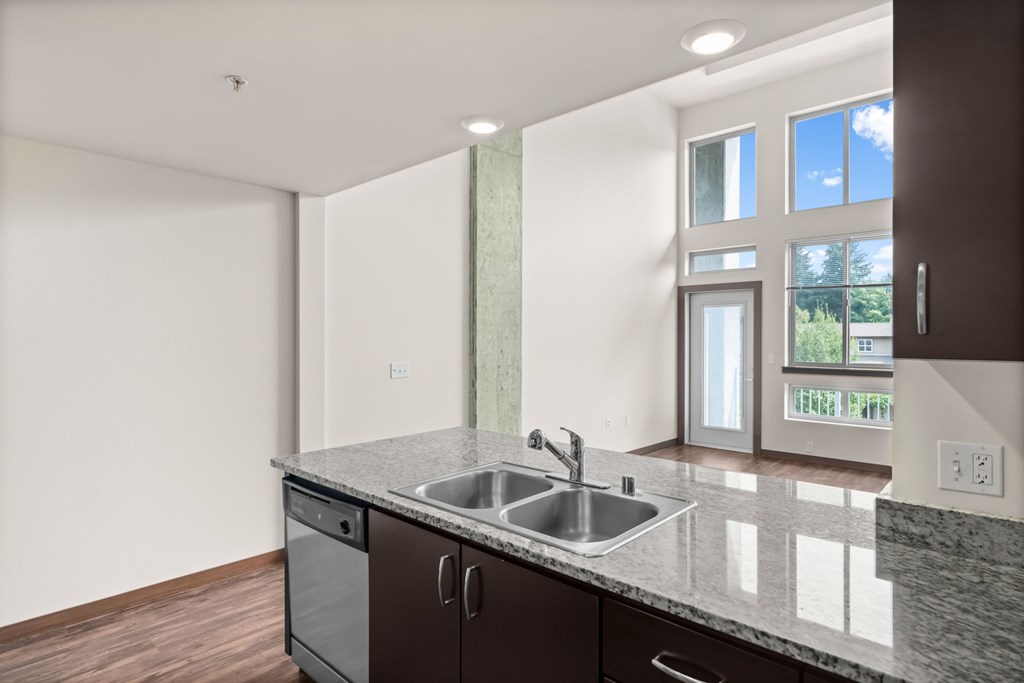 A kitchen with a sink and a window.