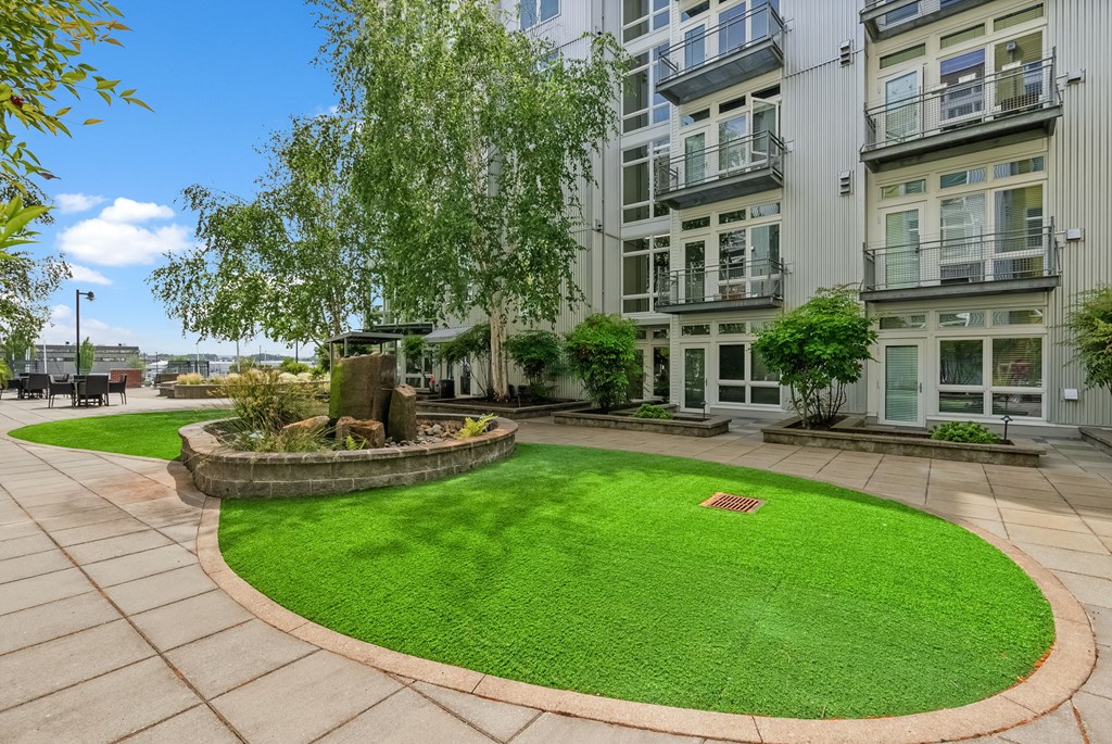 A grassy courtyard surrounded by apartment buildings.