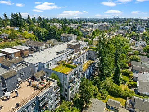 A bird's eye view of a residential area with houses and apartments.