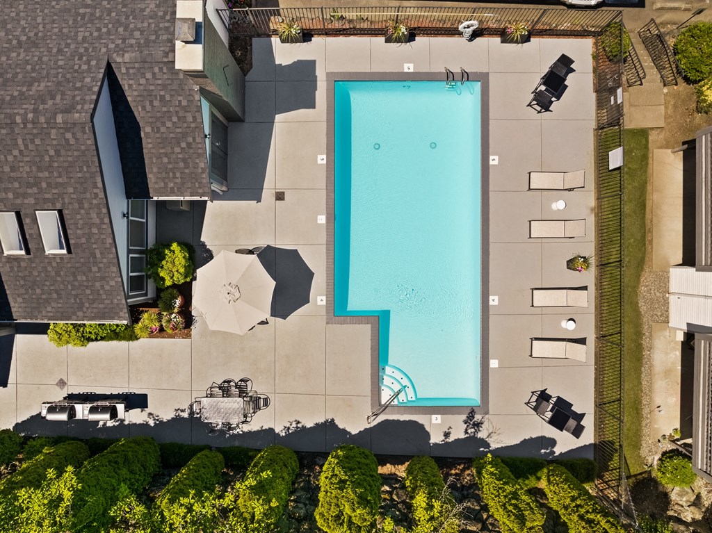 an aerial view of a swimming pool in a backyard with umbrellas