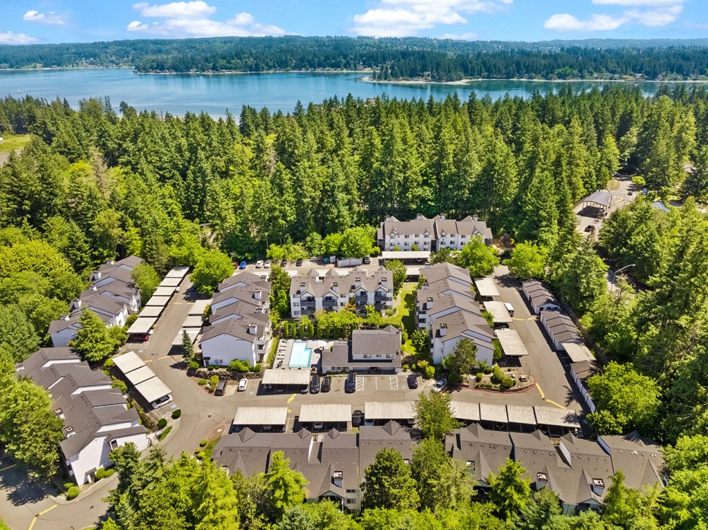 an aerial view of a neighborhood of houses near a lake