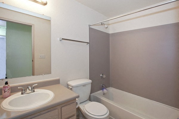 a bathroom with a sink toilet and a bath tub