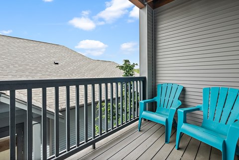 two turquoise chairs on a balcony with a roof