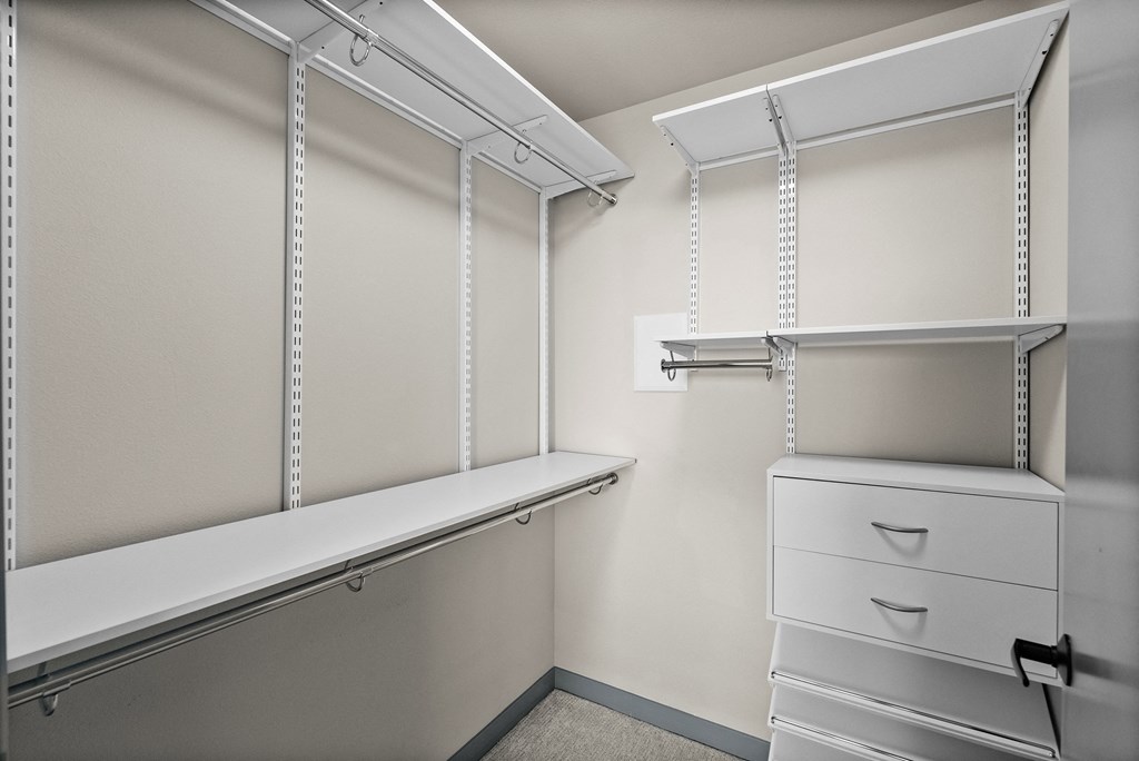 a spacious walk in closet with shelves and drawers