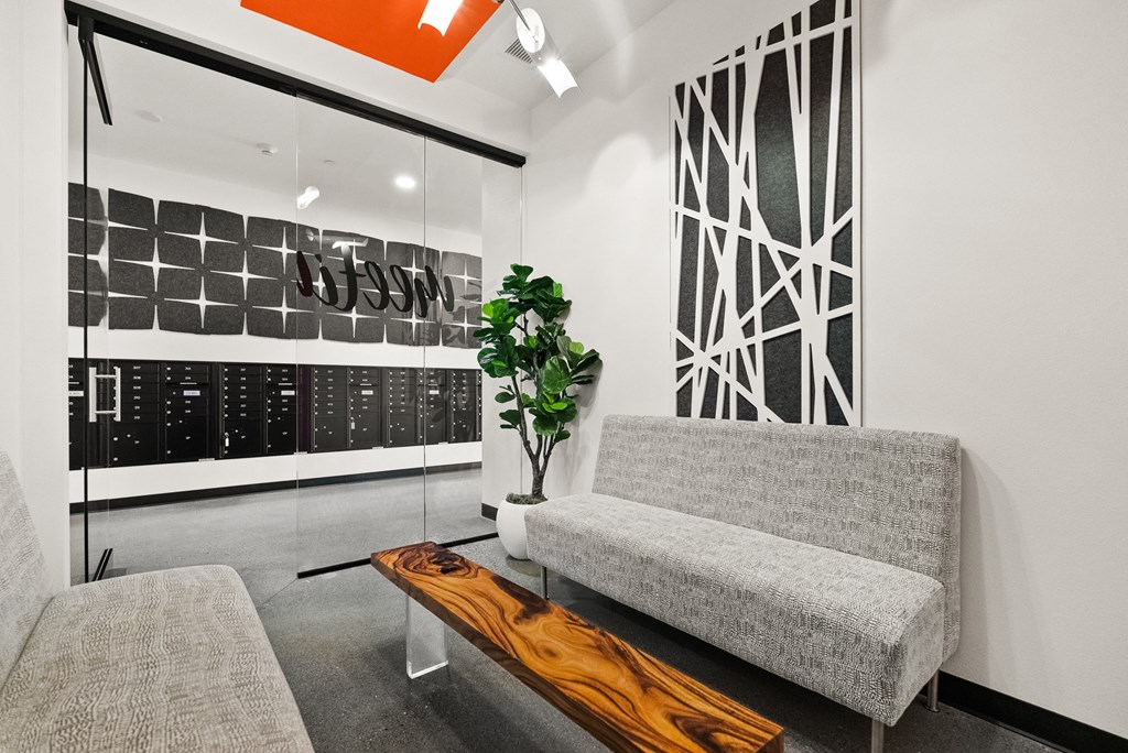 a living room with a couch and a table