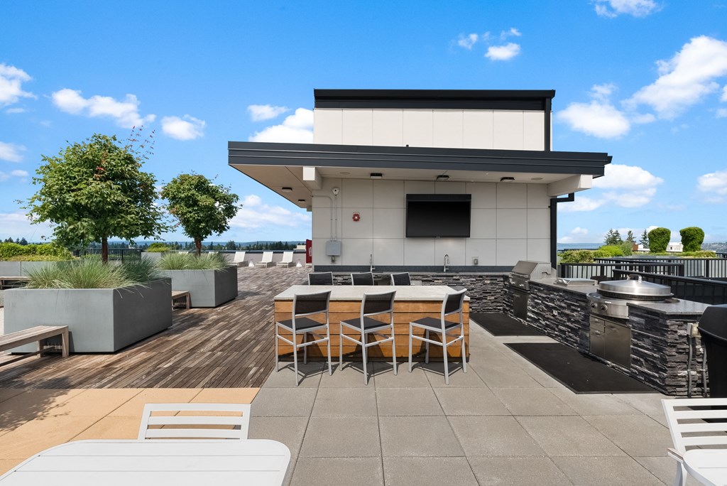 a patio with tables and chairs and a grill on a roof