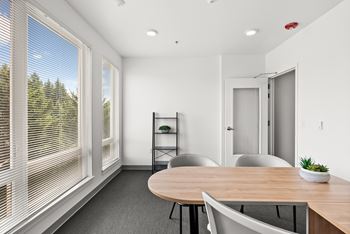 A conference room with a table, chairs, and a plant on the table.
