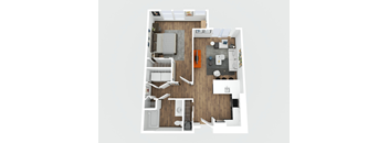 A top down view of a small apartment with a kitchen, living room, and two bedrooms.