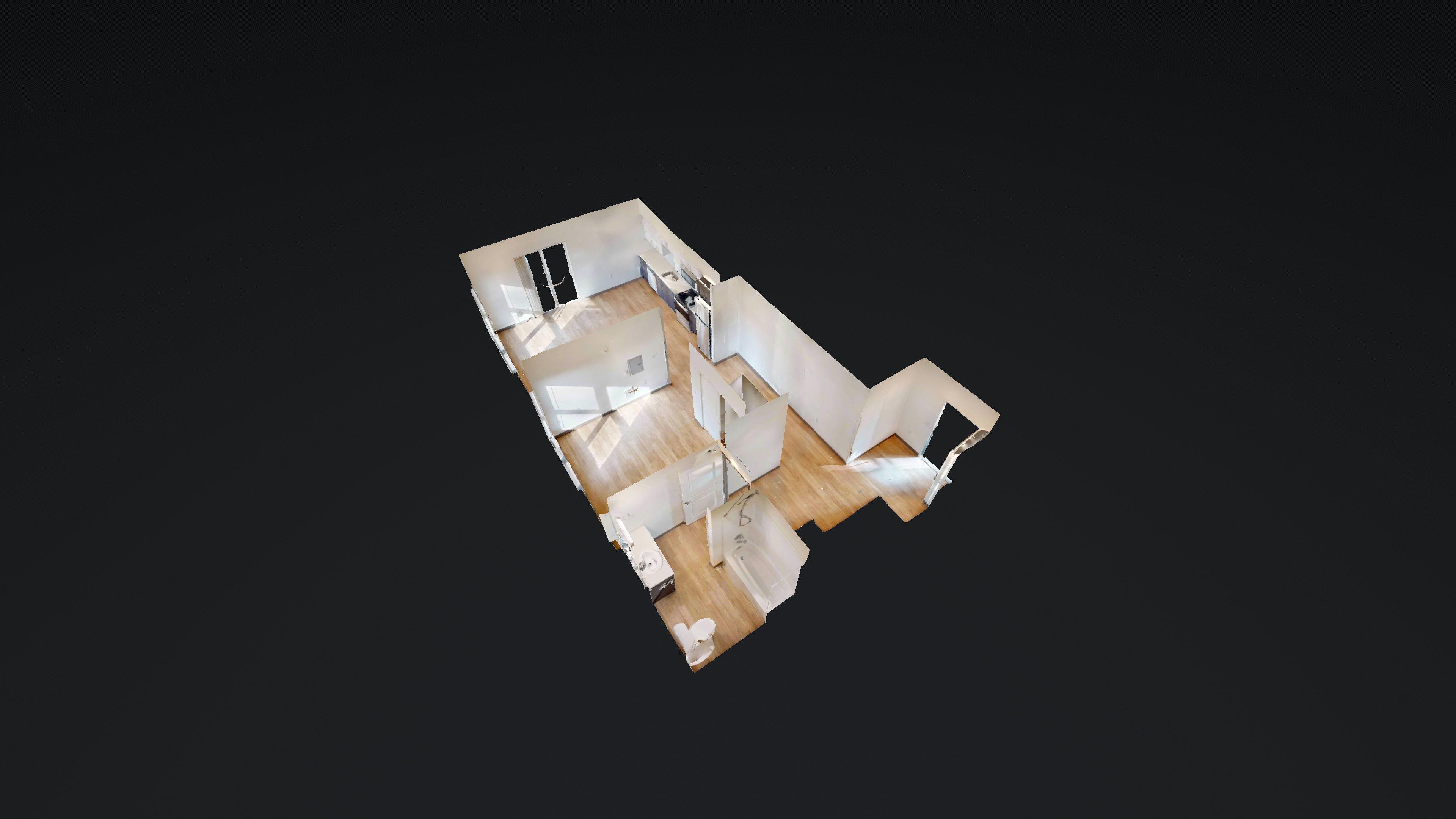 A top-down view of a modern house with a kitchen, living room, and bedrooms.