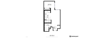 A black and white image of a floor plan for a bedroom, bathroom, and kitchen.