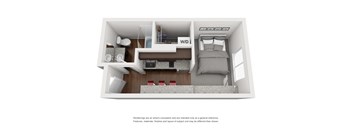 a stylized floor plan of an apartment with a bedroom and a living room