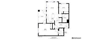 A floor plan of an apartment complex with various rooms and their dimensions.