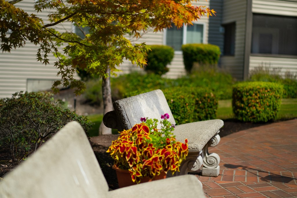 a park bench with a planter of flowers on it