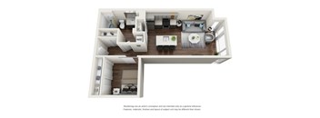 A floor plan of a small apartment with a kitchen, living room, and bedrooms.