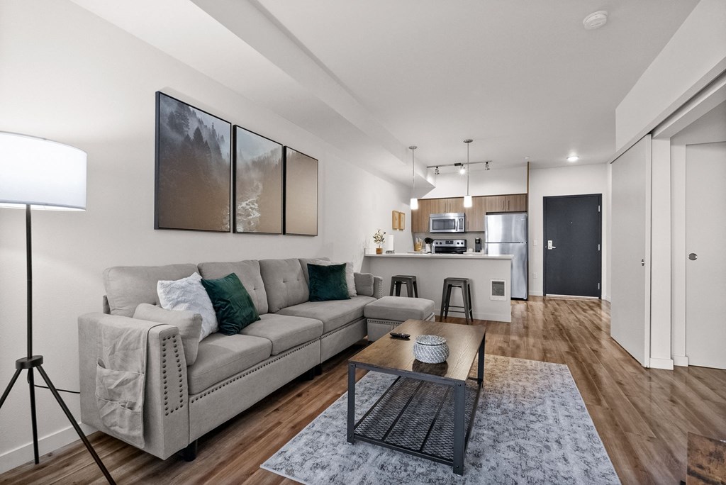 Living Room With Kitchen View at The Henry, Tacoma
