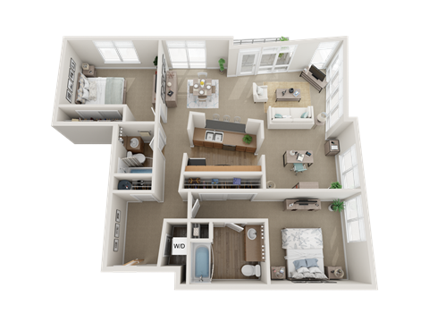 A 3D floor plan of a house layout.