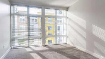 A room with a large window and a carpeted floor.