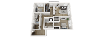 A 3D floor plan of a house showing a living room, kitchen, and bedrooms.