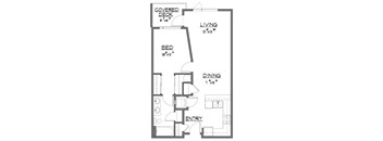 A black and white image of a house floor plan with a covered deck, living room, dining room, bedroom, and entry.