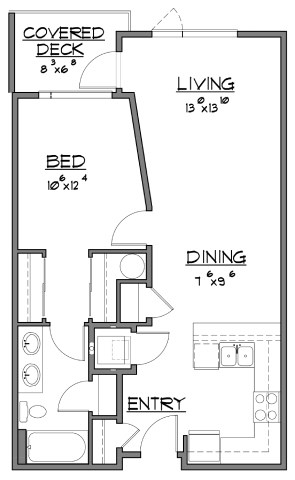 A black and white image of a house floor plan with a covered deck, living room, dining room, bedroom, and entry.