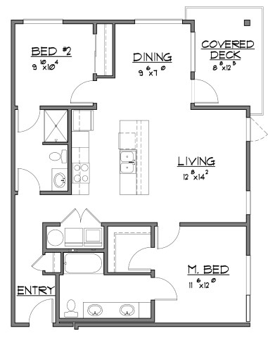 A floor plan of a house with labeled rooms and dimensions.