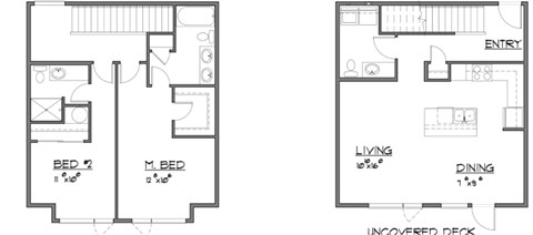 A floor plan of a two bedroom apartment with an uncovered deck.