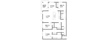 A floor plan of a house with a living room, dining room, kitchen, and three bedrooms.