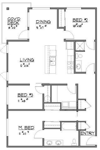 A floor plan of a house with a living room, dining room, kitchen, and three bedrooms.