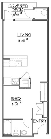 A floor plan of a small apartment with a living room, bedroom, and bathroom.