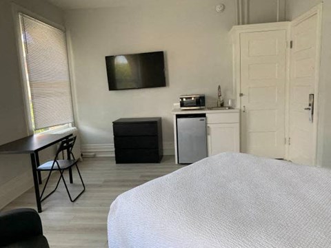 a bedroom with a bed and a sink and a television