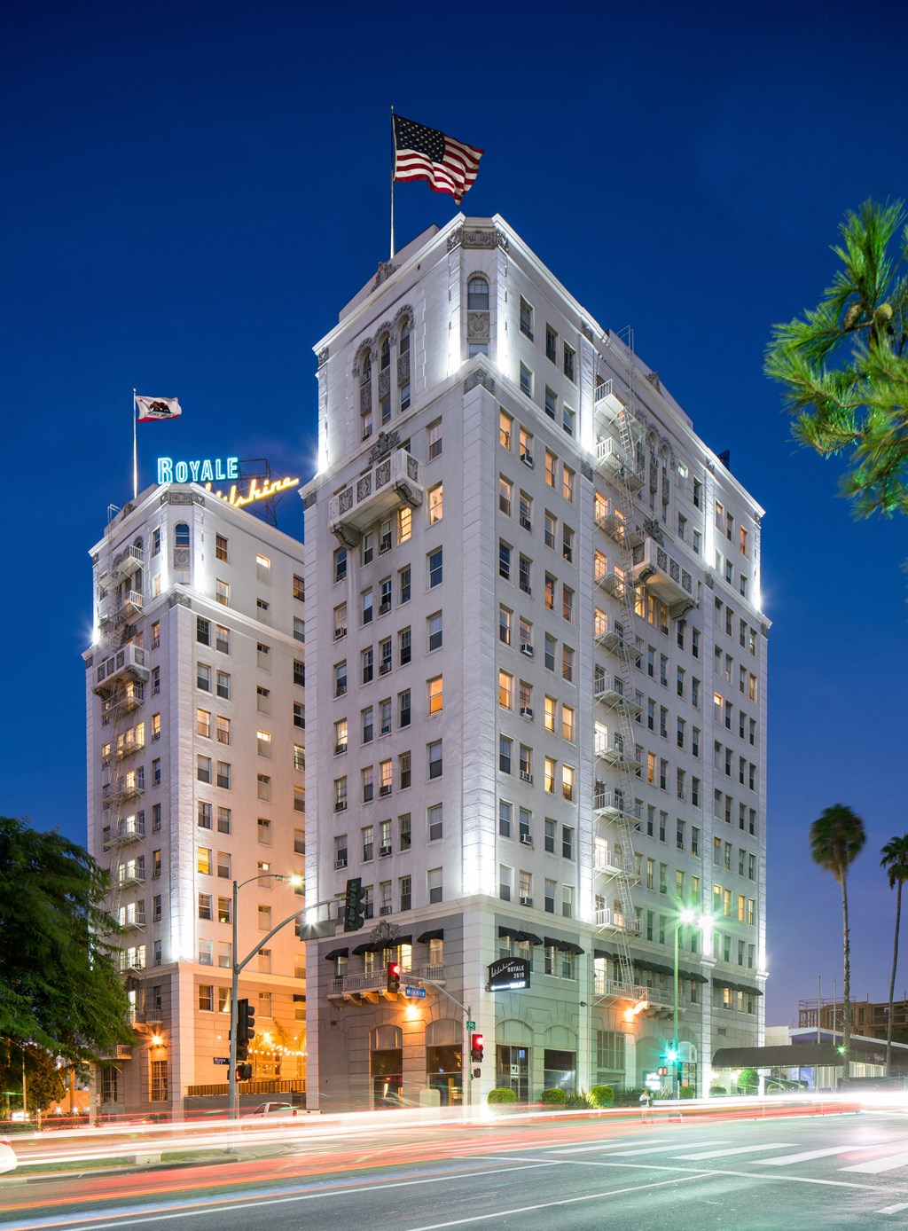 a night view of the roxy hotel in downtown