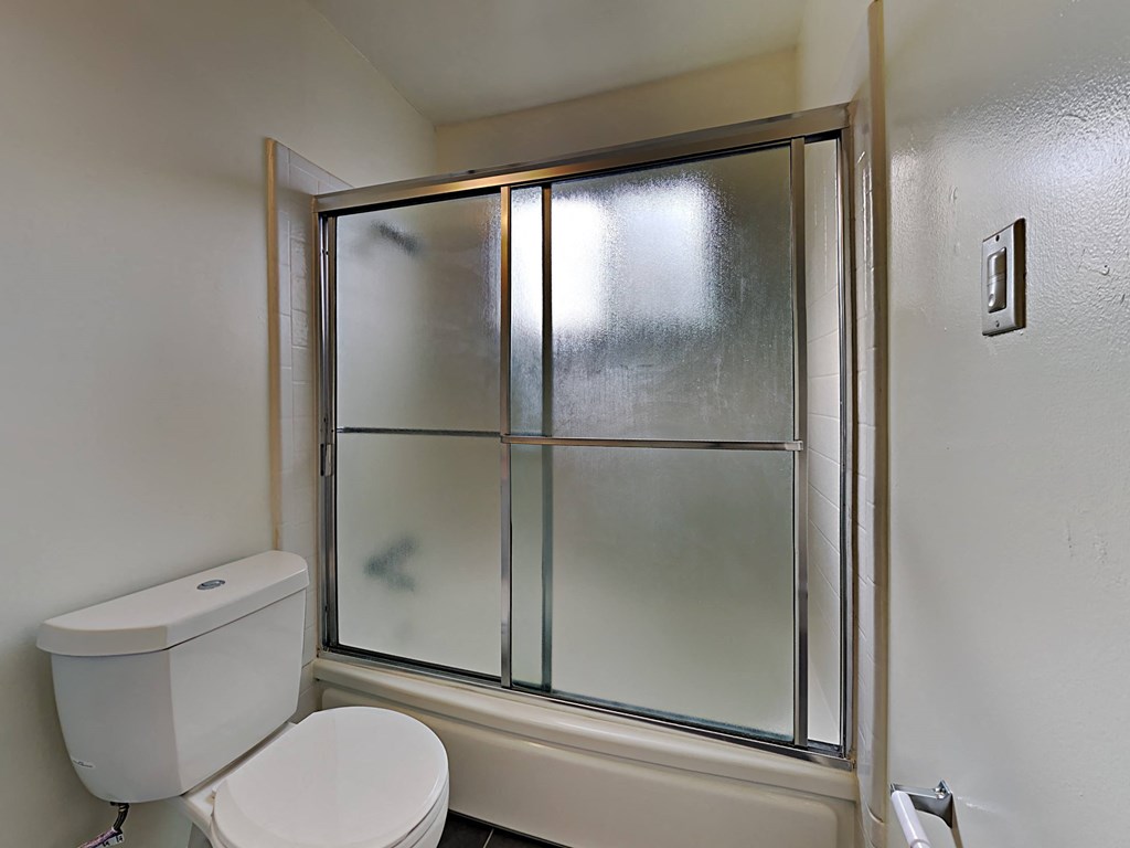 a bathroom with a shower and a toilet