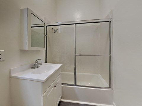 a bathroom with a sink and a shower