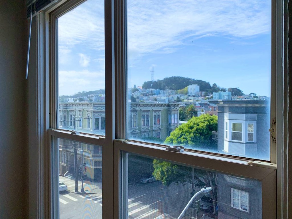 a view of the city from a window