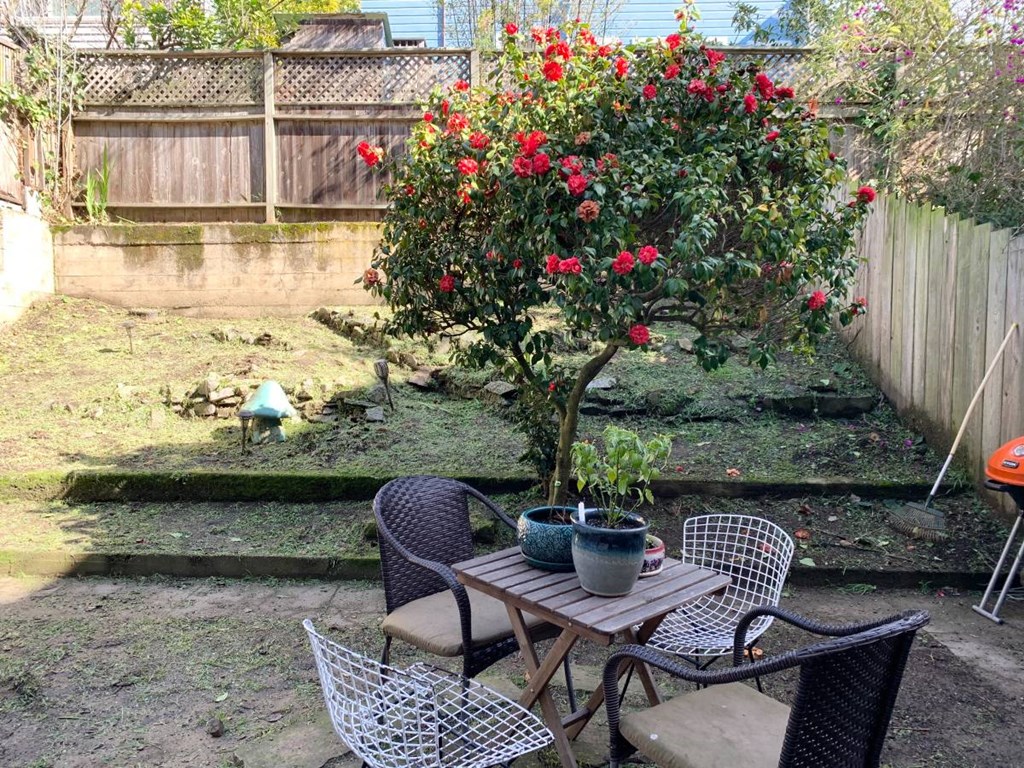 a table and chairs in a backyard next to an apple tree