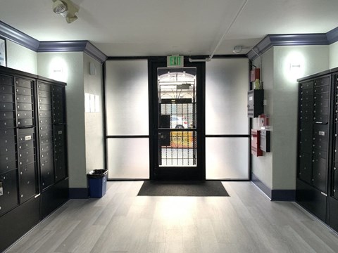 a view of the front door of a locker room